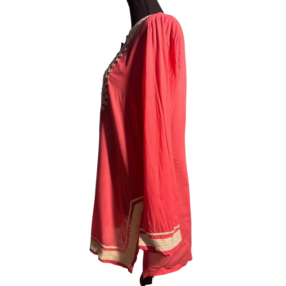 Sharon Gill NYC Women XL Coral Pink Crochet Embroidered Tunic Top Kaftan Boho - Picture 2 of 4